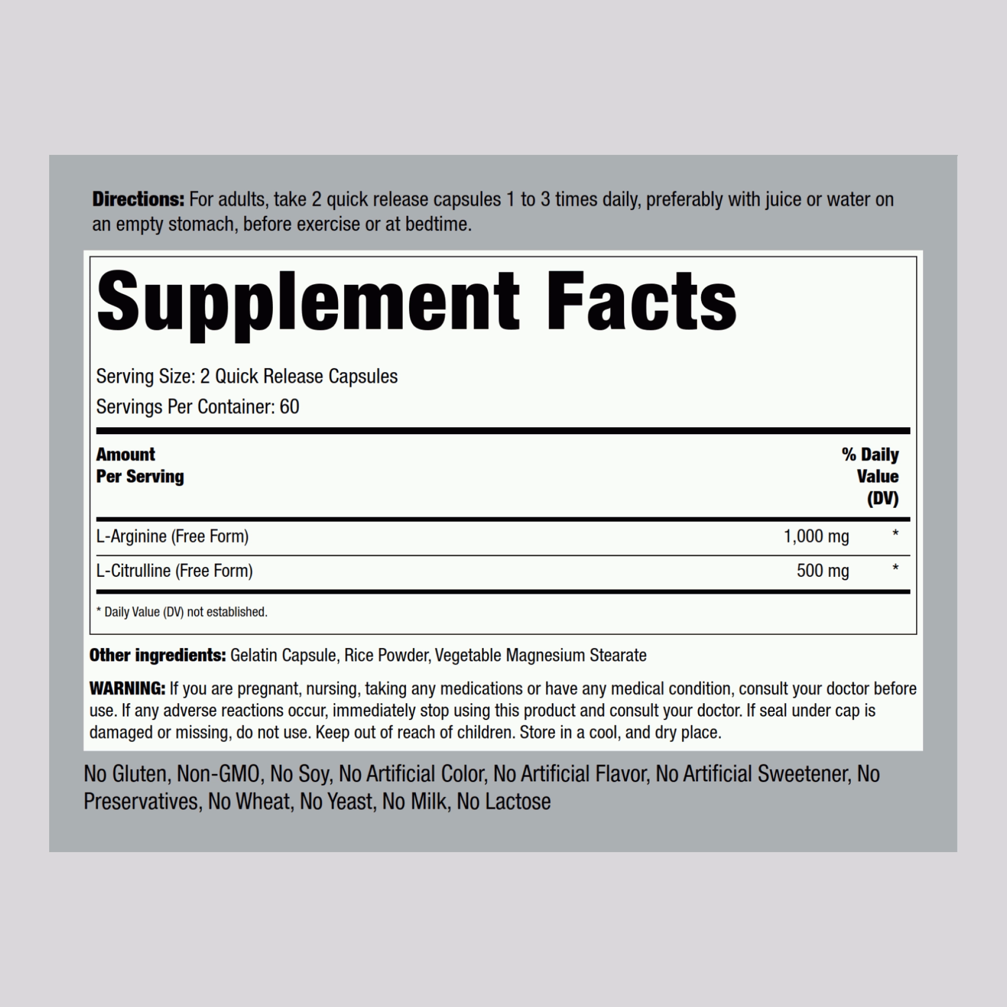 L-Arginine 1000 mg  & Citrulline 500 mg, 1000/500 mg, 120 Quick Release Capsules