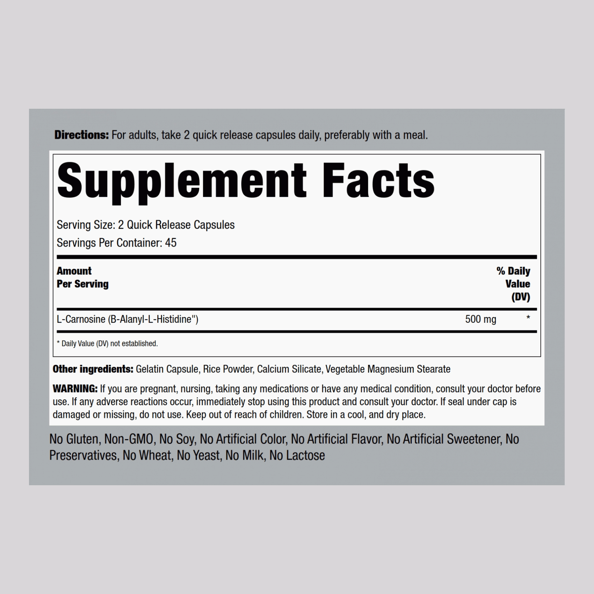 L-Carnosine, 500 mg (per serving), 90 Quick Release Capsules