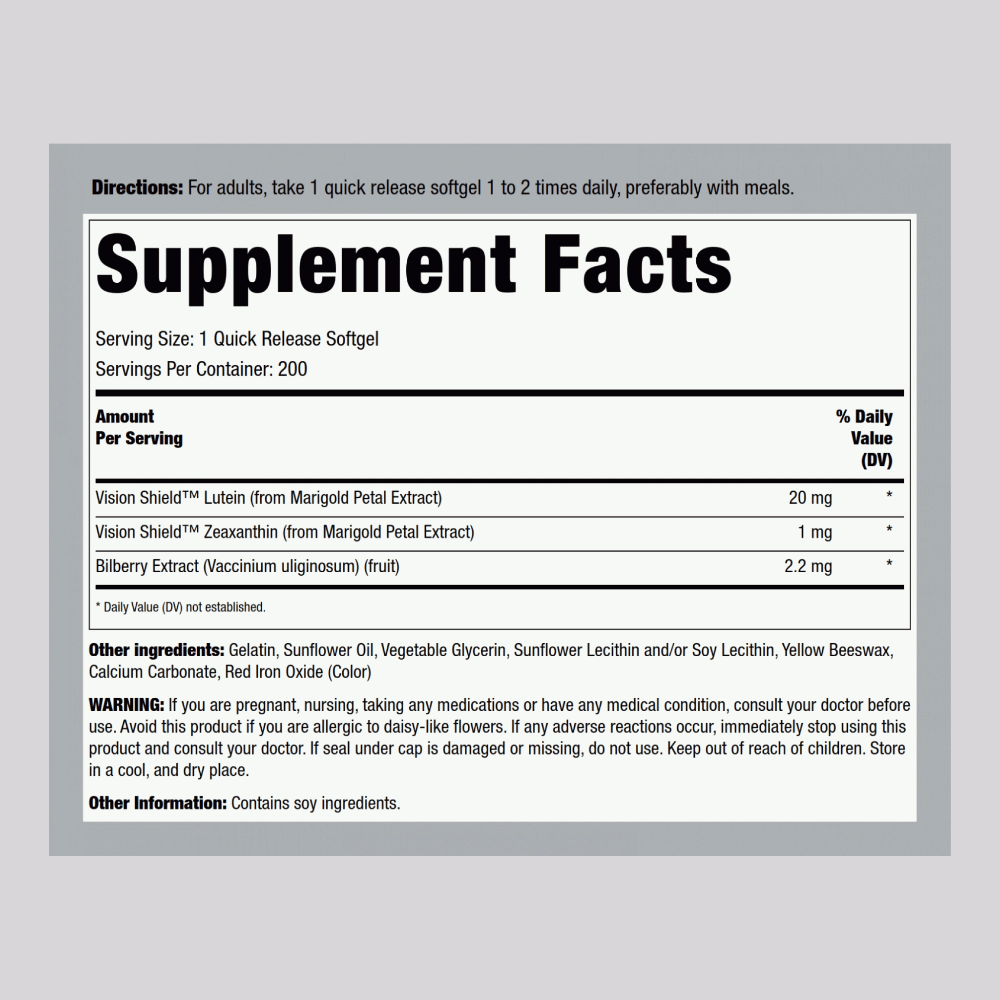 Lutein Bilberry Eye Vision Guard   Zeaxanthin, 200 Quick Release Softgels