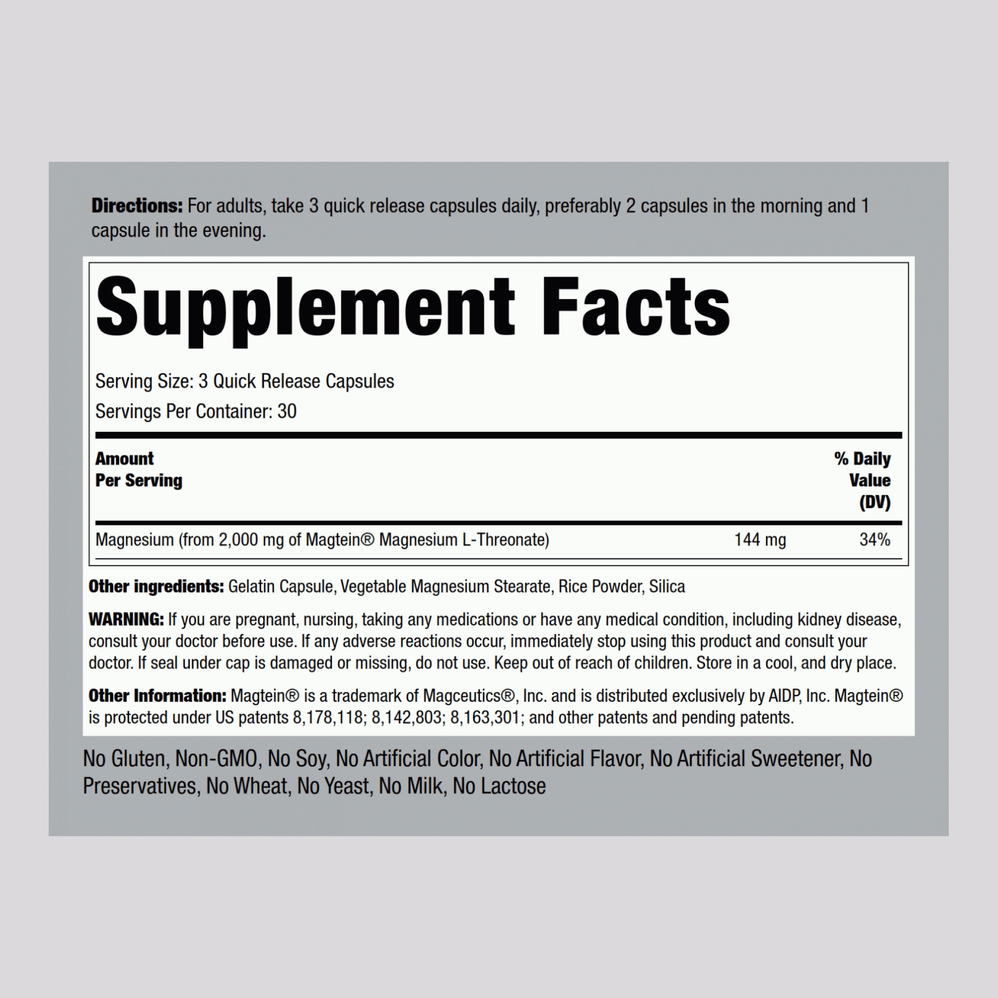 Magnesium L-Threonate  Magtein, 90 Quick Release Capsules