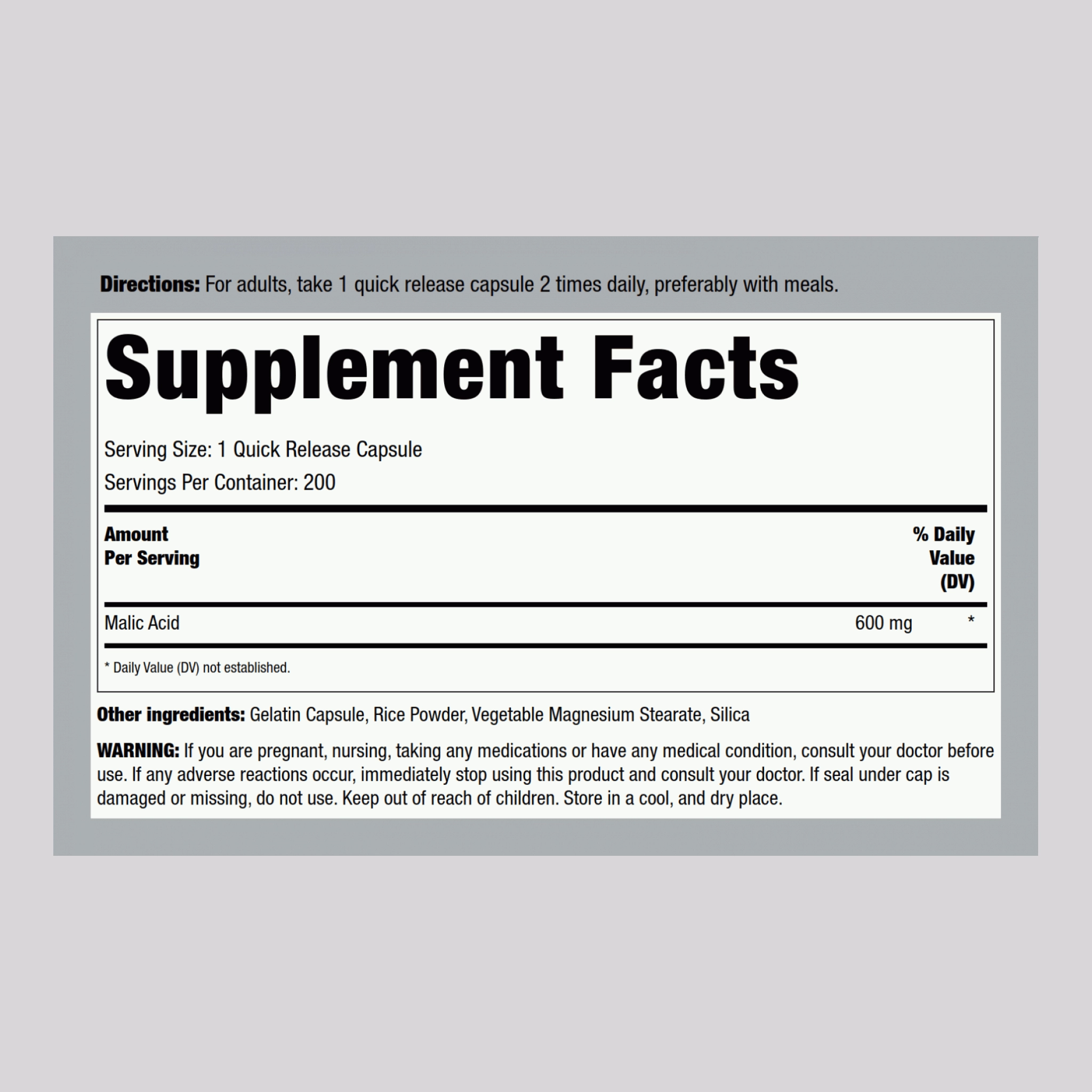 Malic Acid, 600 mg, 200 Quick Release Capsules