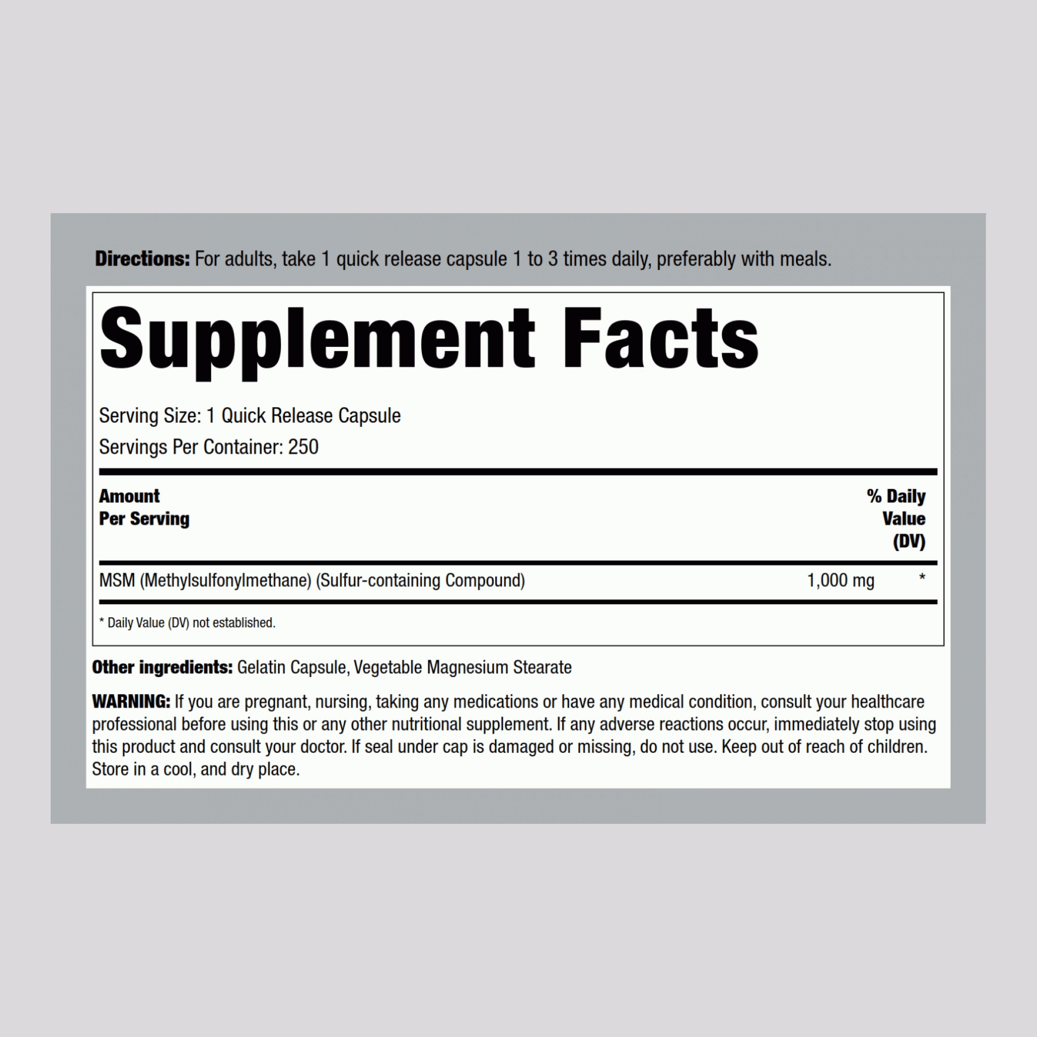 MSM   Sulfur, 1000 mg, 250 Quick Release Capsules