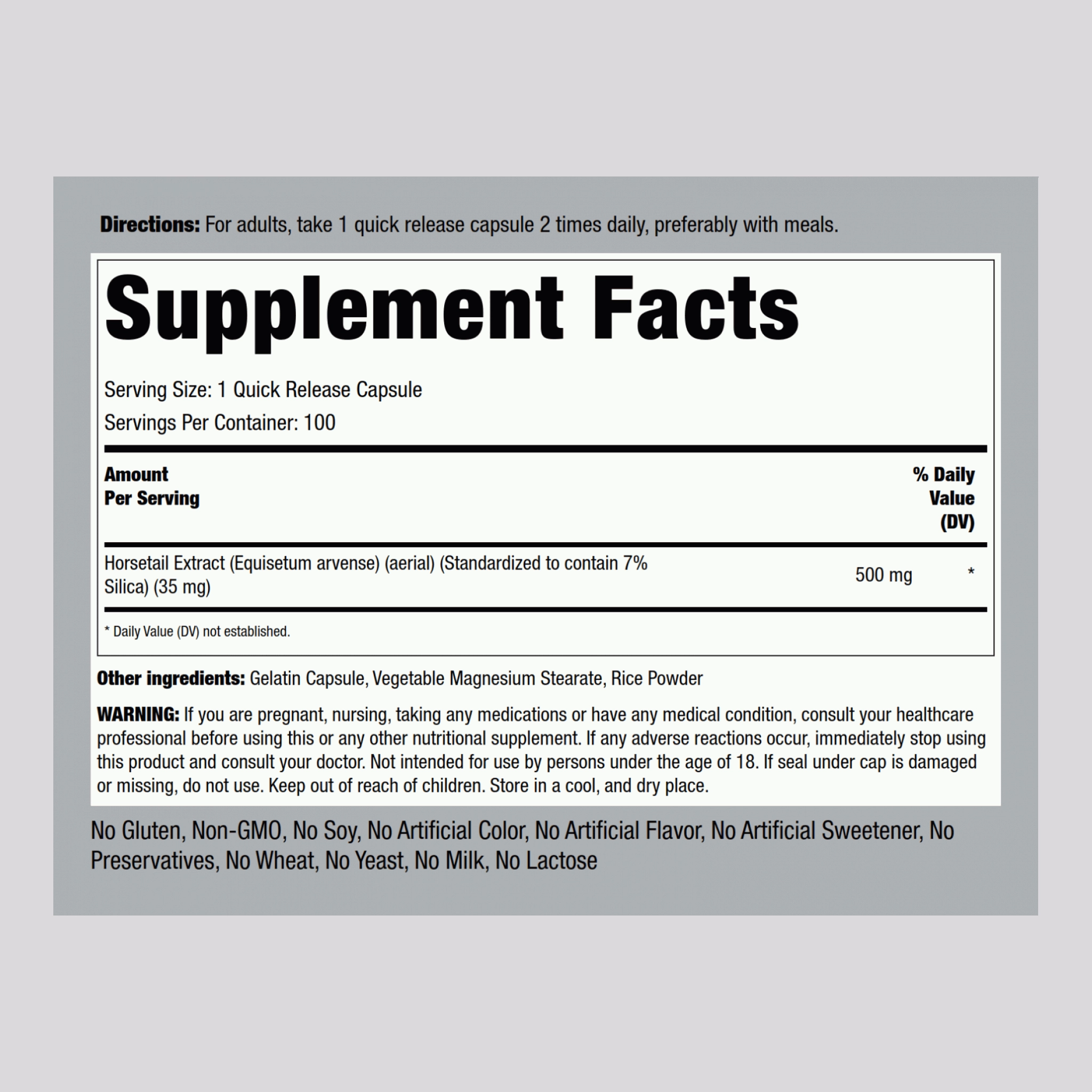 Silica (Horsetail), 500 mg, 100 Quick Release Capsules