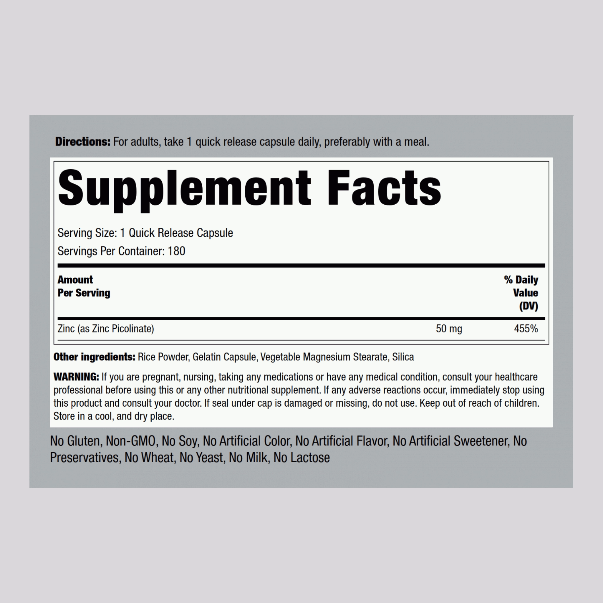 Zinc Picolinate (High Absorption Zinc), 50 mg, 180 Quick Release Capsules